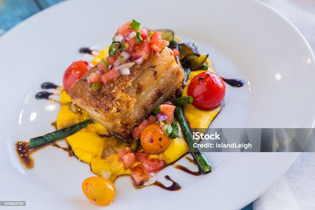 Crispy Pork Belly Crispy pork belly on kabocha squash puree with tomatoes and asparagus, topped with pico de gallo 2015 Stock Photo