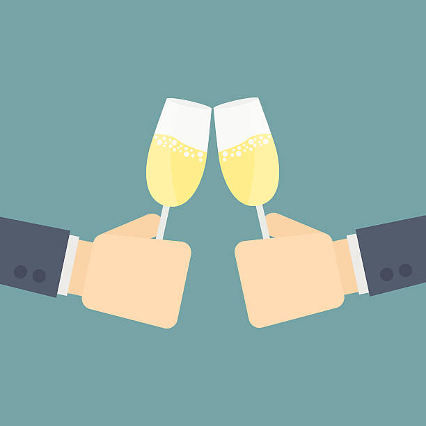 illustrazioni stock, clip art, cartoni animati e icone di tendenza di uomo d'affari esultanza bicchiere di champagne - party business toast champagne