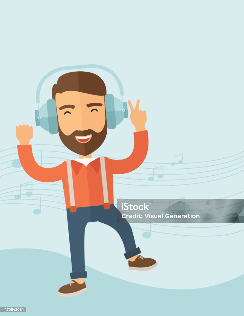 Young man with headset Happy young man with beard dancing, singing while listening to music with headphones showing the notes at his back. Happy concept. A contemporary style with pastel palette, soft blue tinted background. Vector flat design illustration. Vertical layout with text space on top part.    2015 stock vector