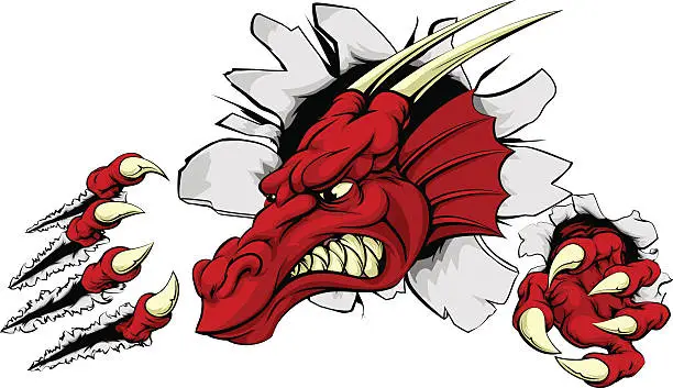 Vector illustration of Red dragon mascot breaking through wall