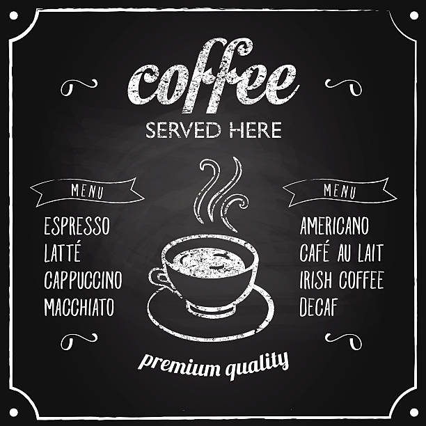 Retro sign with coffee menu Retro coffee typography sign on a chalkboard. Can be used as menu board for restaurant or bars. This file is saved in EPS10 format. chalk art equipment stock illustrations