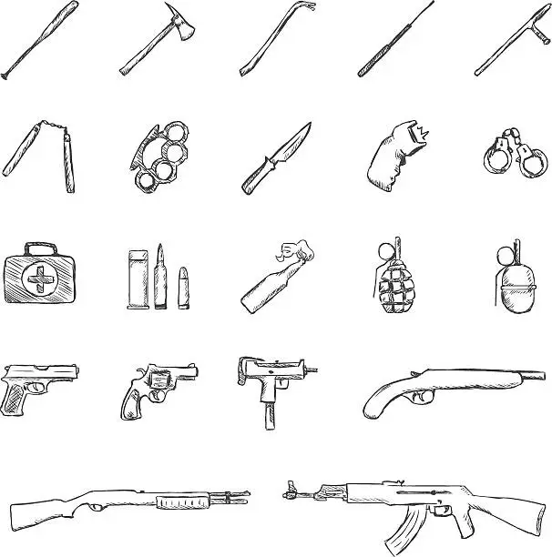 Vector illustration of Vector Set of Sketch Weapon Icons