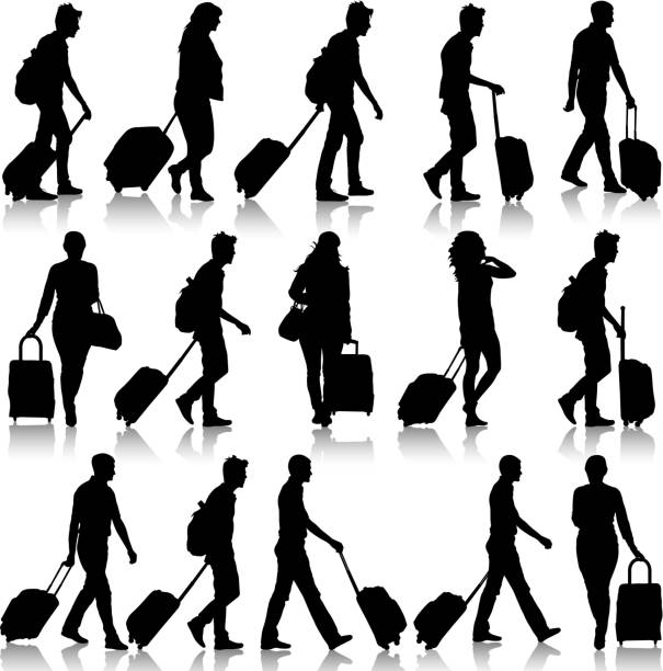 Set of black silhouette travelers with suitcases Black silhouettes travelers with suitcases on white background. Vector illustration. journey silhouettes stock illustrations