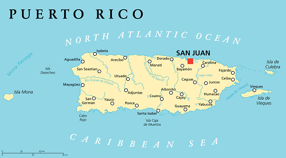 Puerto Rico Political Map with capital San Juan, a United States territory in the northeastern Caribbean, with important cities, rivers and lakes. English labeling and scaling. Illustration.