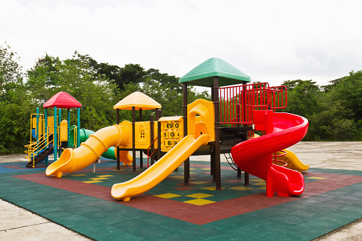 An image of a colorful children's playground, without children