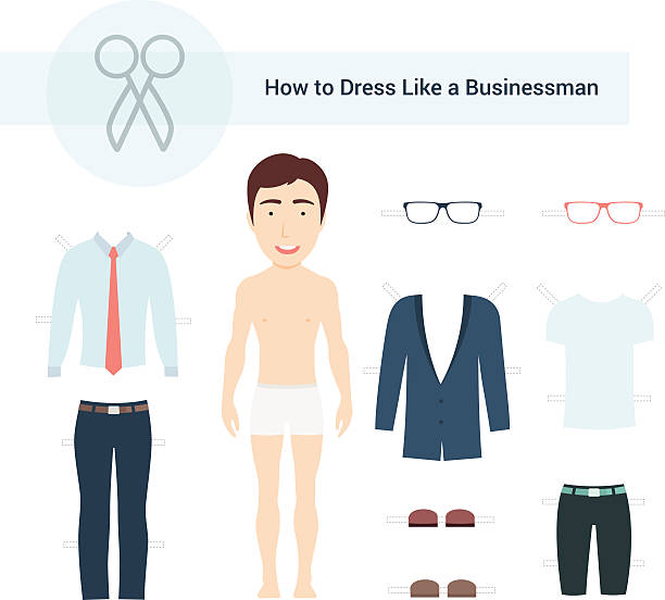 How to Dress like a Businessman Vector Set Vector Illustration of Cute Businessman Paper Doll with Set of Clothes for Cutting. doll stock illustrations