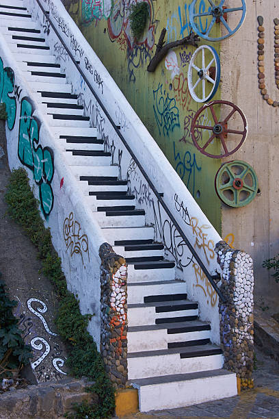 Musical Valparaiso Valparaiso, Сhile - April 16, 2015: Public stairway linking streets decorated to look like the keyboard of a piano in the UNESCO World Heritage port city of Valparaiso, Chile. valparaiso chile stock pictures, royalty-free photos & images