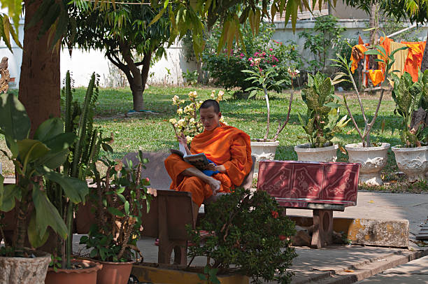 Young laotian monk Vientiane, Laos - March 10, 2013: Young laotian monk reads buddhist book in the garden of Wat Ong Teu monastery in Vientiane, Laos vientian stock pictures, royalty-free photos & images