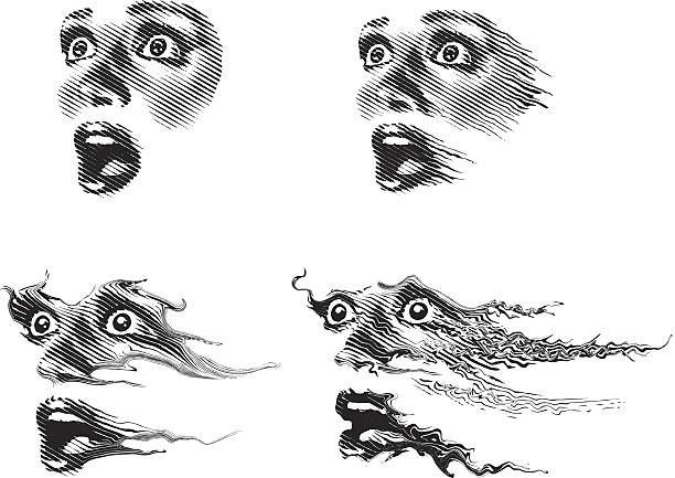 Faces Of Fear Engraving illustrations of 4 faces of fear. women screaming surprise fear stock illustrations