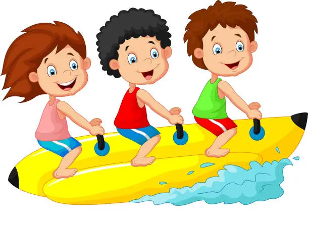 Vector illustration of Happy kids cartoon riding a banana boat