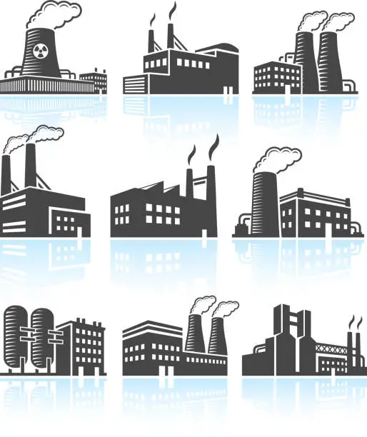 Vector illustration of Factory Buildings black & white royalty free vector icon set