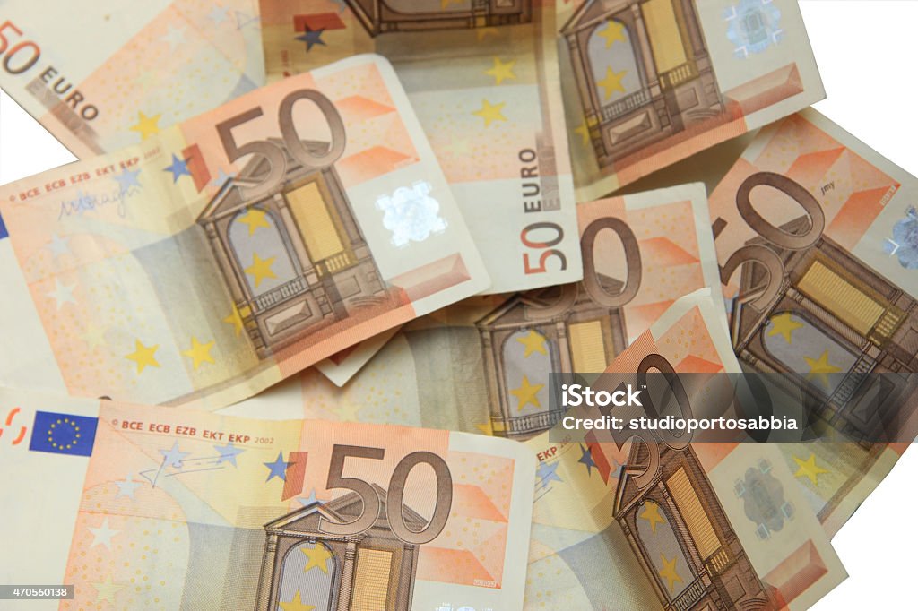 50 euro banknotes Fifty euro notes, spead over a table 2015 Stock Photo