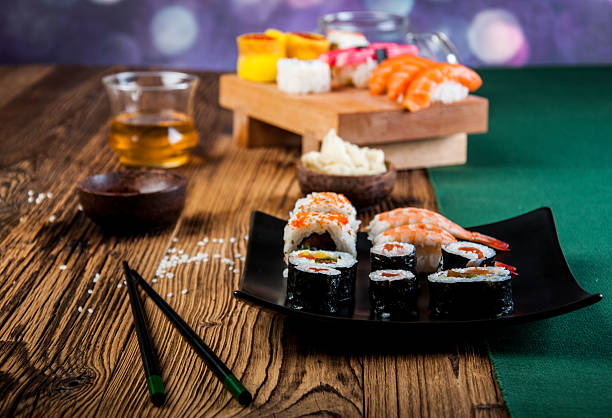 istock Japanese sushi on the old wooden table 470563621