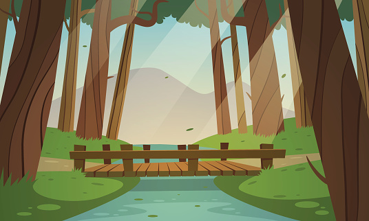 Cartoon illustration of the small wooden bridge in the woods, summer landscape.