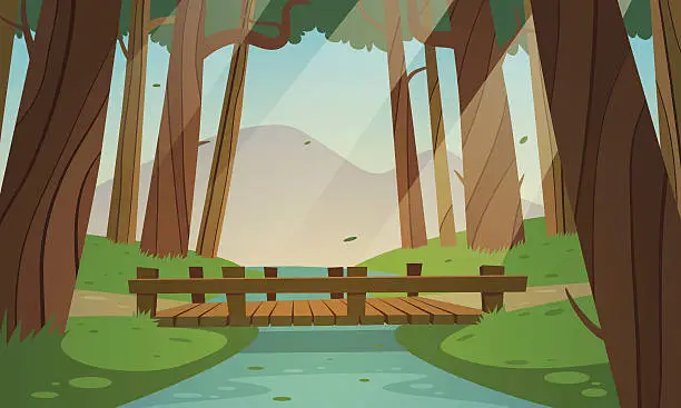 Vector illustration of Small wooden bridge in the woods