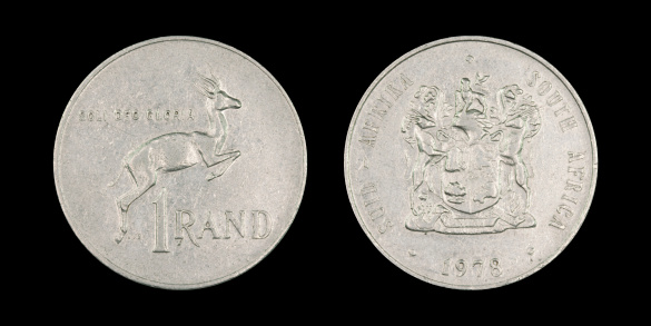front view and rear view of a One-Rand-Coin, South Africa, 1978, isolated on black