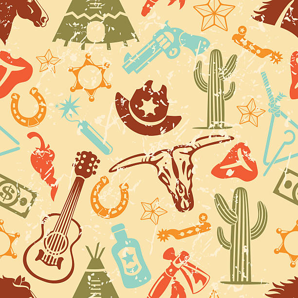 ilustraciones, imágenes clip art, dibujos animados e iconos de stock de wild west iconos de patrones sin fisuras silueta fondo de azulejos de - horseshoe backgrounds seamless vector