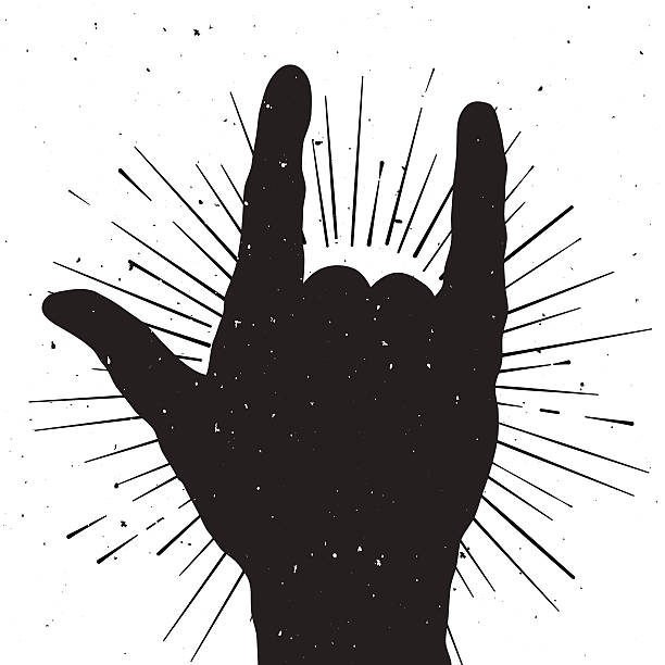Rock hand sign silhouette, grunge template for your slogan, text Rock hand sign silhouette, grunge template for your slogan, text or announcement heavy metal stock illustrations