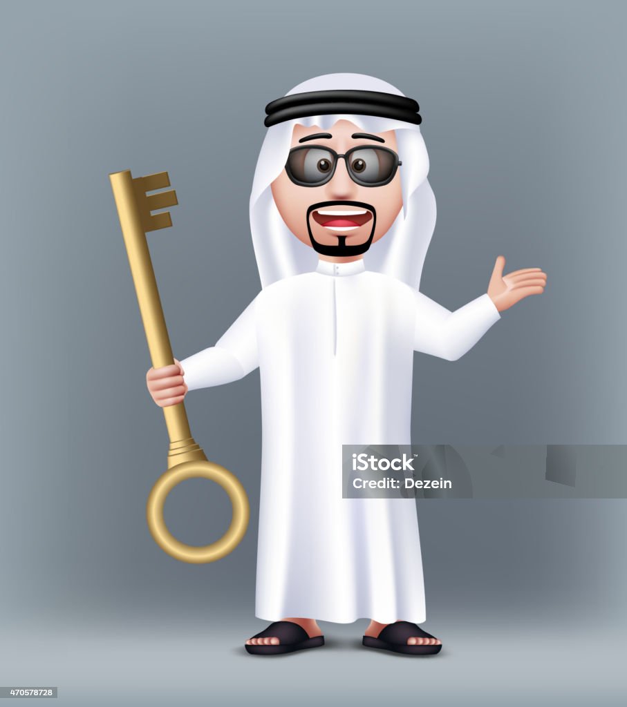 Realistic 3D Handsome Saudi Arab Man Character Wearing Realistic 3D Handsome Saudi Arab Man Character Wearing Traditional Clothes Holding Golden Key for House or Car with Sunglasses. Editable Vector Illustration 2015 stock vector
