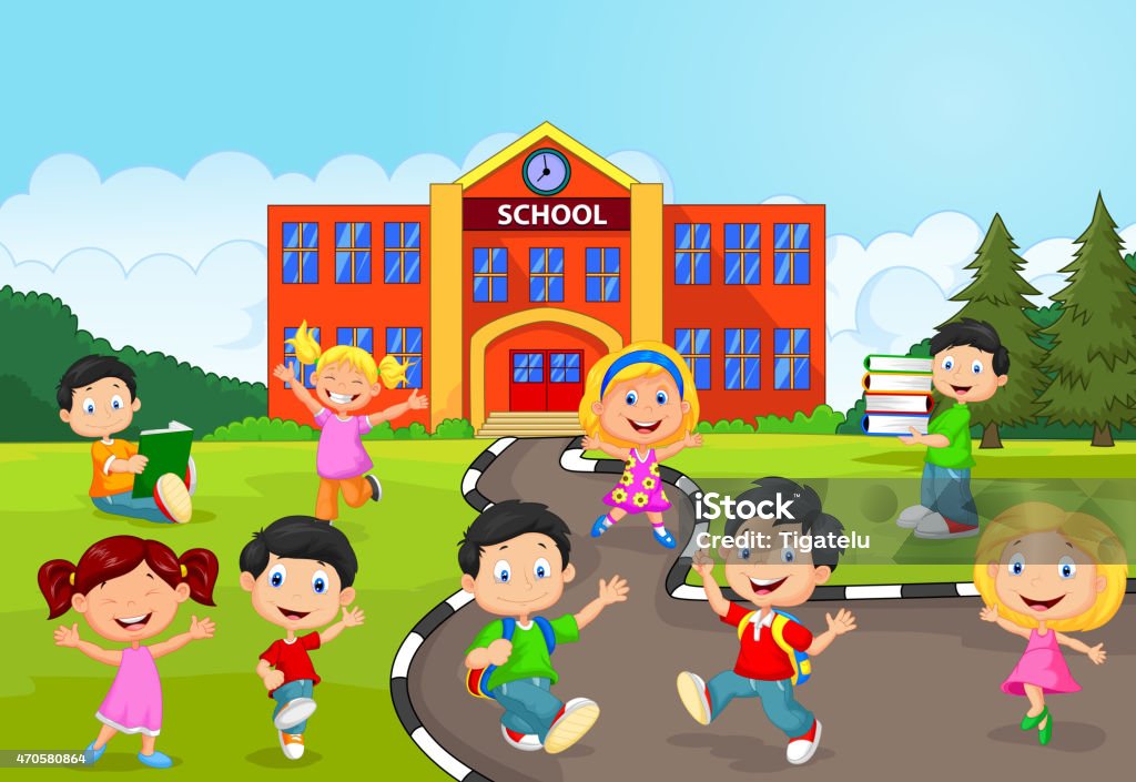 Happy Cartoon Children In Front Of A School Stock Illustration - Download  Image Now - School Building, Cartoon, Child - iStock