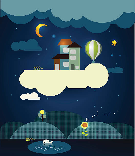 illustrazioni stock, clip art, cartoni animati e icone di tendenza di astratto carta, fantasy home sweet home -moon con stelle - love transportation cloud cloudscape