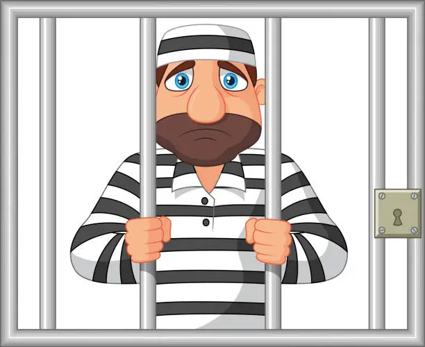 Vector illustration of Cartoon Prisoner behind bar