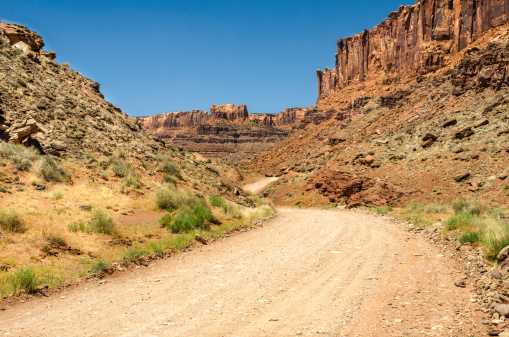 Winding desert road in Canyonlands National Park and blue sky