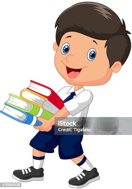 Cartoon Boy Holding A Pile Of Books Stock Illustration - Download Image Now - Book, Carrying, Child