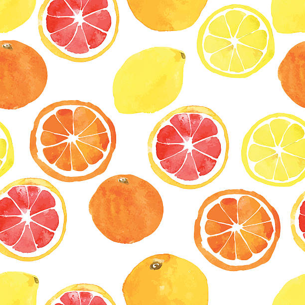 illustrazioni stock, clip art, cartoni animati e icone di tendenza di acquerello seamless pattern con agrumi: limone, arancio, grapefru - orange slices