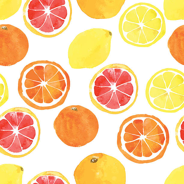 연속무늬, 워터컬러 감귤류: 레몬색, 오렌지, grapefru - 주황색 일러스트 stock illustrations