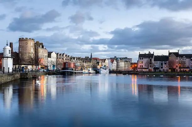 Photo of Leith Harbour at Sunset and Reflection in Water