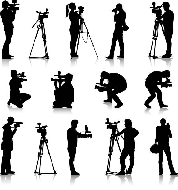 A silver of a camera man in different positions Cameraman with video camera. Silhouettes on white background. Vector illustration. camera operator stock illustrations