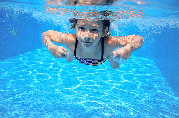istock Happy girl swims in pool underwater, active kid swimming 470591476
