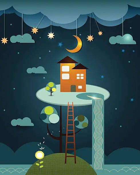 Vector illustration of Illustration vector ,house on peaceful landscape,night sky back