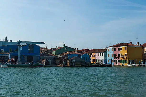 Burano island, view from boat in the lagoon Venice, Italy, Europe