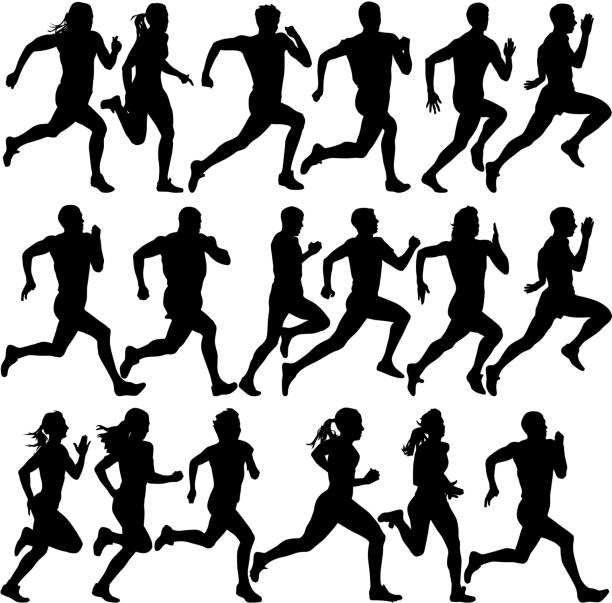 satz von silhouetten.   läufer auf sprint, herren - leichtathletik stock-grafiken, -clipart, -cartoons und -symbole