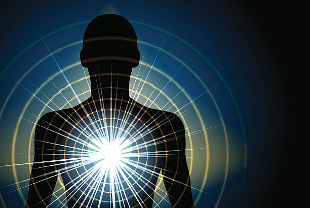 heart light Human Silhouette With Energy Radiating From Heart Chakra, Eps 10 Vector, Transparency and Gradient mesh Used chakra stock illustrations