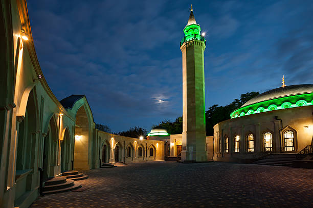 Evening view of Ar Rahma mosque stock photo