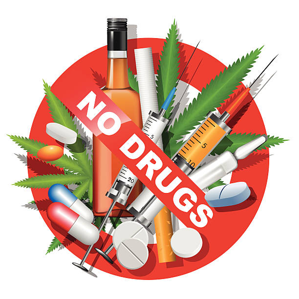 No drugs No drugs, smoking and alcohol sign. Vector illustration cigarette warning label stock illustrations