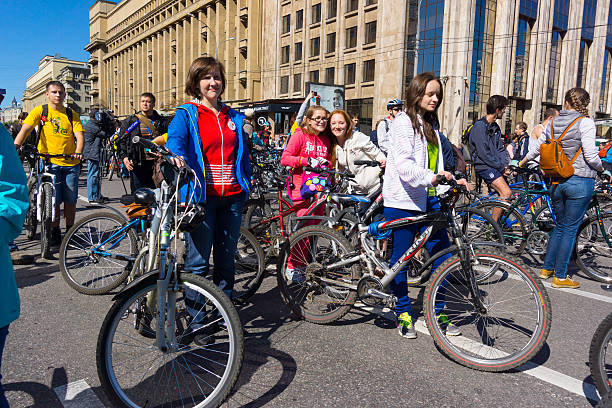 Moscow, Russia - June 29, 2014:  People take part in Bike Parade. Thousands of cyclists ride along the Garden Ring, to voice their concerns and require construction of new bicycle paths
