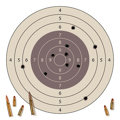 Target with bullet holes and bullets isolated on white. Vector illustration