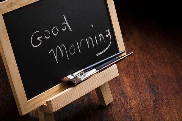 Good Morning chalk writing over blackboard on the easel stock photo