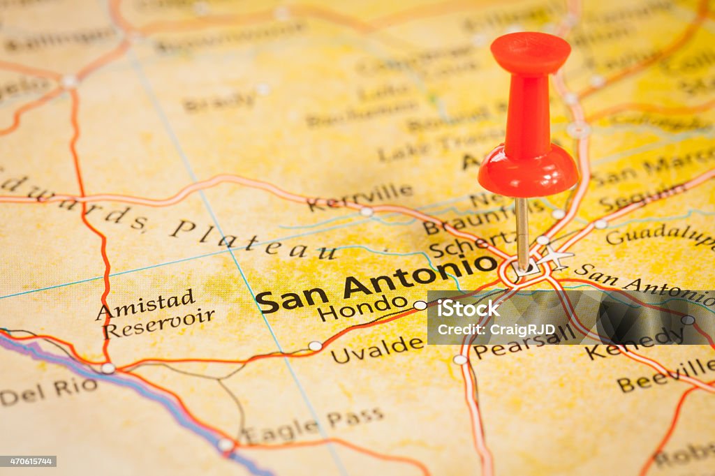 San Antonio San Antonio marked on the map with a red push pin San Antonio - Texas Stock Photo