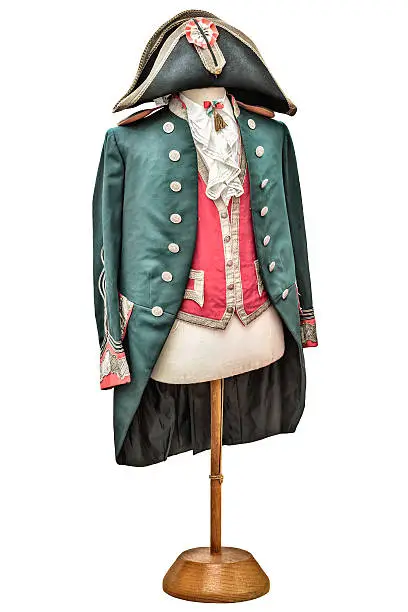 Retro styled image of a vintage Napoleon costume with hat isolated on a white background