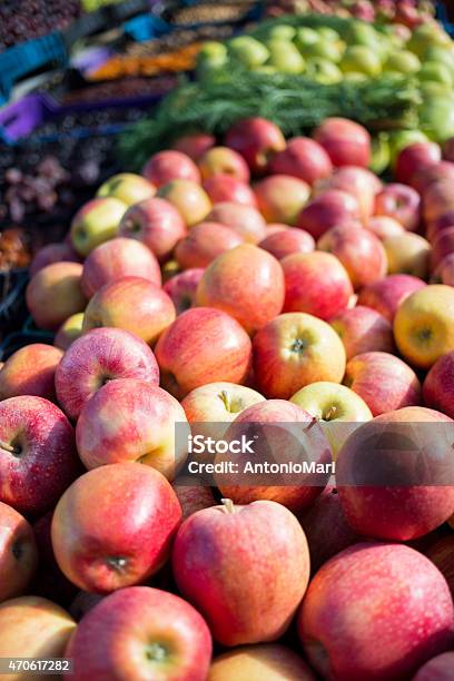 Fresh Red Apples And Vegetables In Outdoor Market In Majorca Stock Photo - Download Image Now