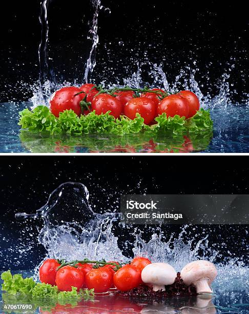 Collage Salad Tomato And With Water Drop Splash Stock Photo - Download Image Now - 2015, Cooking, Cucumber