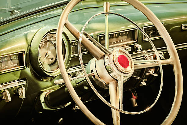 istock Retro styled image of the interior of a classic car 470623162