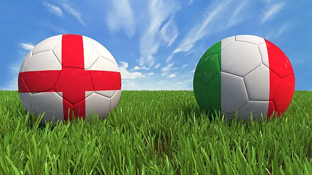 3D soccer balls with england and italy flag, world football cup 2014. Palaced on 3d grass. Background isolated with clipping path.