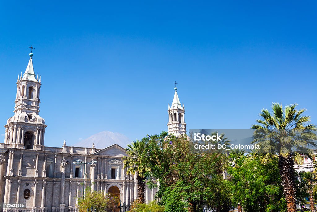 Arequipa Cathedral View View of the twin towers of the Arequipa, Peru cathedral with El Misti Volcano visible in the background Peru Stock Photo