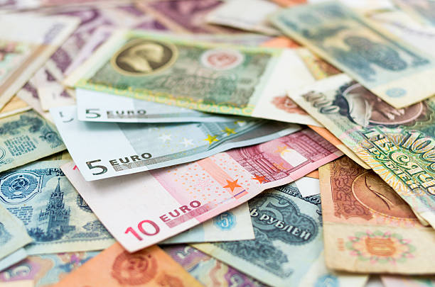 istock Old Russian bankontes and Euro 470626405